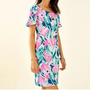 Lilly Pulitzer‎ Floral Knit Dress Tie-Neck Short Sleeve Casual Comfy M